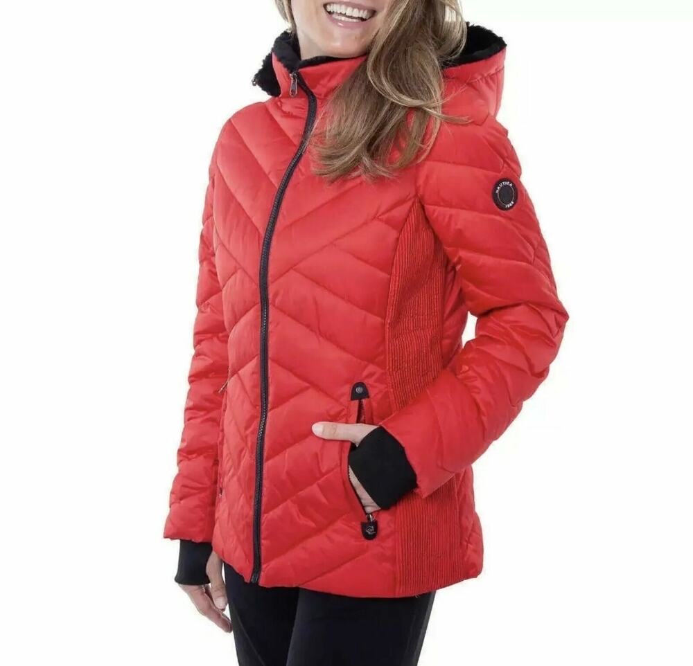 Nautica Red Puffer Jacket M Detachable Faux Fur Hood Gorpcore Hiking Athleisure
